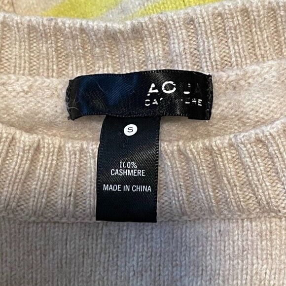 Aqua Womens Beige Yellow Striped 100% Cashmere Crewneck Soft Sweater Sz S - Picture 2 of 10